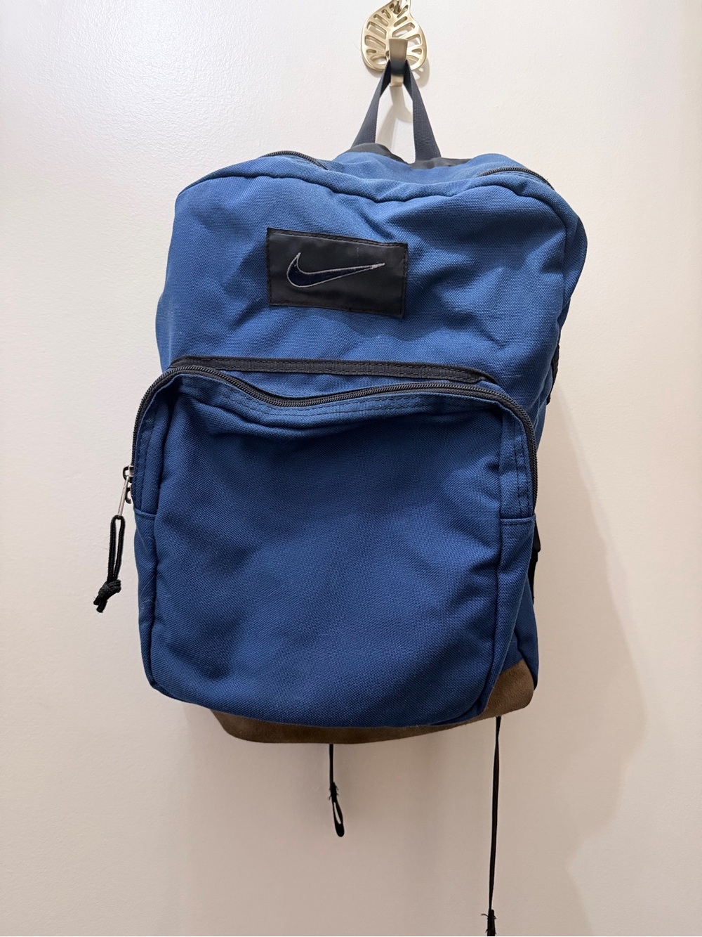 Vintage 90s Nike Backpack Navy Blue Brown Suede Leather Bottom Center Swoosh